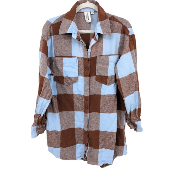 Collusion Tops - Collusion Plaid Flannel Button Shirt Women 6 Brown Blue Oversized Grunge Shacket